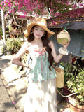 KYLETHOMASW  -  French Style Sweet Girl Patchwork Sets Women Fake Two-piece Floral Camisole + Lace Mesh Half Skirt Suit Beach Party 2-piece Set