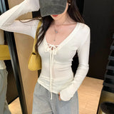 KYLETHOMASW  -  Y2k Sexy Slim Solid V Neck Long Sleeve Lace-up All Match Women's T-shirts