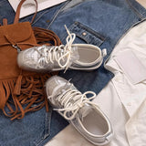 KYLETHOMASW  -  Women Sneakers Spring Summer New Leather Sweet Fashion Casual Flats Women Lace-up German Training Shoes Women Silver 321