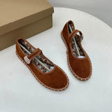 KYLETHOMASW  -  Floral Print Insole Velvet Flats Shoes Women Hand Stitching Elegant Mary Jeans Shoes Ladies Round Toe Ballets Flats Footwear