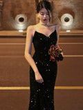KYLETHOMASW  -  Sexy Sleeveless Velvet Dress Women French Fashion Sequins Long Mermaid Dresses Evening Party Prom One Piece Vestidos Mujer