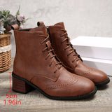 KYLTHOMASW  -   Women Square Head Splice Lace Up Versatile  Autumn Winter Square Med Heel Ankle Boots Lace Up Zipper Ladies Pumps Leather Shoes