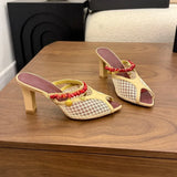 KYLETHOMASW  -  Women Mesh Mule Heels Red Coral Beads Seashell Decor High Heel Summer Beach Vacation Fashion Sandals Open Back Slip On Party