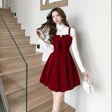 KYLETHOMASW  -   Sweet Hot Girl Christmas Suit Women's Fall/Winter Bow Velvet Strap Dress Slim Long-sleeve Shirt Two-piece Set Female Clothes