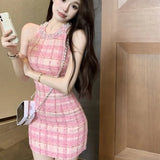 KIylethomasw Korean Fashion Sleeveless Pink Dress for Women Summer Slim Waist Bodycon Dresses Heavy O-neck Beading Halter Vestidos Mujer