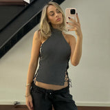 Kylethomasw   Side Hollow Lace Up Halterneck Crop Top Y2k Sexy Summer Y2K Clothes 2024 Ribbed Tank Top Streetwear Women Outfits