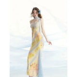 KYLETHOMASW  -  Irregular Lace Patchwork Design Stunning Printed Camisole Dress Summer French Style Sweet Slimmin Long Dress for Women