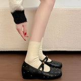 KYLETHOMASW  -  Women Square Toe Rhinestone Mary Janes Cross Strap Buckle Flat Shoes Sweet Vintage Casual Daily Fashion Ladies Walking Pumps