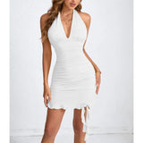 KYLETHOMASW  -  New European American Women's Sexy Halterneck Pleated Hip-hugging Ruffled Dress