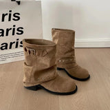 KYLETHOMASW  -  Winter Pleated Women Western Ankle Boots Fashion Rivet Belt Buckle Shoes Ladies Concise Vintage Thick Heel Short Booties