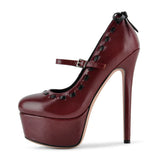 KYLETHOMASW  -  Pink Leather Mary‑Jane Platform Stiletto Pumps Black Contrast Stitching Back Bow Decor Round Toe Adjustable Buckle Shoes