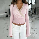KYLETHOMASW  -  Y2k Summer V Neck Long Sleeve Solid Lace Patchwork Streetwear Slight Strech Women Clothing