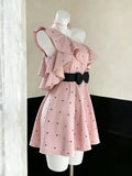 KYLETHOMASW  -  Summer Pink French Vintage Elegant Woman Dress Irregular Bow High Waist Puffy Mini Dress Female Chic Korean Pupolar Clothes