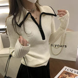 Kylethomasw Vintage Zipper Sexy Slim Knit Long-sleeved Sweater Women Autumn New Turn Down Collar Contrast Color Patchwork Casual Tops