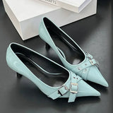 Kylethomasw Elegant Patent Leather Metal Belt Buckle Designer Women Pumps Sexy Pointed Toe Thin High Heels High Quality Mary Jane Mules Shoe