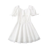 KYLETHOMASW  -  Women Lace Spliced Party Mini Vintage Dresses Puff Sleeve V Neck Low Waist A-line Summer Dress Lace Up Birthday Robe