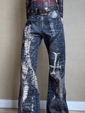Kylethomasw Retro Snake Printed Flared Jeans Women Cross Print High Waist Mujer Do Old Boot Cut Denim Pants Hip Hop Y2k Chic Bottoms