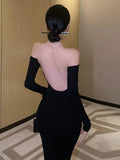 KYLETHOMASW  -  Sexy Dresses Women Long Sleeve Backless Elegant Slash Neck Backless Vintage Elegant Party Dress Temperament Ladies