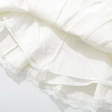 KYLETHOMASW  -  Holiday Front Cross Lacing up Bandage Bow Zipper Waist Mini Skirt Women White Spliced Lace Hem Ruched Swing A-lined Skirts Black