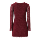 KYLETHOMASW  -  Sexy Wine red Flocking Flower Mesh Flare Sleeve Dress Woman Bow Square neck Package Hips A-line Mini Party Robe Bodycon