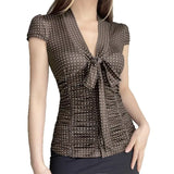 KYLETHOMASW  -  American style light mature V-neck lace up pleated slim fit shoulder T-shirt new polka dot short sleeved top