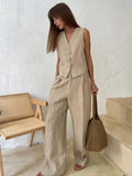 KYLETHOMASW  -  New Womem Linen Cotton Chic Vest Pants Suit Two-Piece Set Office Ladies Summer Korean Fashion 2 Piece Sets Womens Casual Outfits