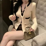 Kylethomasw Korean Single-breasted Tie Casual Long-sleeved Cardigan Women 2025 Spring New High Street Contrast Color Patchwork Knitted Tops