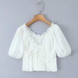 KYLETHOMASW  -  Sweet White Embroidery Hollow Out Hole Splice Lace Elastic U Collar Short Sleeve Shirt Women Center Buttons Slim Crop Tops