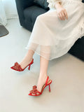 KYLETHOMASW  -  Fashion Crystal Rhinestone Bowknot Pointed Open Toe Back Strap Sandals Women Pink High Heels Wedding Prom Shoes Size 35-41