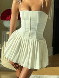 KYLETHOMASW  -  Elegant Spaghetti Strap Slim Mini Dress Summer Fairy Corset Pleated Chic Short Dresses Lace Up Y2K Party Evening Holiday Vestido