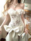 KYLETHOMASW  -  French Hottie Vintage Elegant Women 2 Piece Set Y2k  Design Lace Tops + Chic Bow Mini Skirt  Female Princess Party Dress Outfits