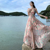 KYLETHOMASW  -  Sweet Hot Girl Pink Floral Dress Women's Spring/summer Holiday Backless Halter A-line Long Dress Fashion Female Clothes