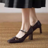 KYLETHOMASW  -  Metal Buckle Decoration Mary Jane Shoes Women Comfortable Leather High Heels Elegant Chunky Heel Women Pumps Zapatos De Mujer