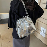 Kylethomasw Fashion Silver Bucket Bag for Women Pu Leather Shoulder Bag Desinger Ladies Crossbody Bags Bolsa Feminina Handbag Bagpack