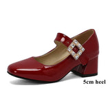 KYLETHOMASW  -  Plus Size 48 Women Patent Leather Mary Jane Shoes Sparkly Crystal Rhinestone Burgundy White Block Heel Pumps Party Shoe