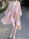 KYLETHOMASW  -  French Floral Spring Summer Style Pink Print Age Reducing Loose Oversized Sweet Temperament Vacation Long Sleeved Dress