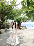 KYLETHOMASW  -  Elegant Summer Long Dress New Lace Fish Tail Goddess Style Holiday Floral Print Slimming Women's Fashion Ankle-length Sleeveless