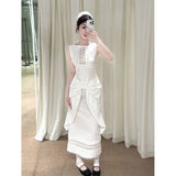 KYLETHOMASW  -  White Summer Sleeveless Dress Women's Spliced Lace Bow Loose Long Vest Dress K-Style Lightweight Instagrammable Photogenic