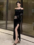 KYLETHOMASW  -  Temperament Evening Dresses Women Mesh Patchwork Off Shoulder Split Slim Ruffles Elegant Ladies Party Vintage Sexy