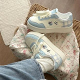 KYLETHOMASW  -  Cute Women Pink‑White Platform Sneakers Bear Embroidery Lace‑Up Round Toe Thick‑Sole Sweet Style Casual Daily Board Shoes