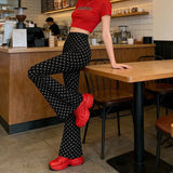 KYLETHOMASW  -  Y2K Pink Heart Print High Waist Flare Pants | Kawaii All-Over Love Bell Bottom Trousers | Barbiecore Aesthetic Summer Streetwear