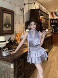 KYLETHOMASW  -  French Elegant 2 Piece Skirt Sets Female Casual Office Lady Stain Y2k Crop Top Vest + Mini Skirts Sleeveless Korean Fashion Chic