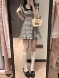 KYLETHOMASW  -  Coquette Vintage Plaid A Line Mini Dress Women Flutter Sleeve Doll Collar Lace Trim Button Front Teddy Bear Daily Party Dresses