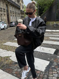 Kylethomasw  -  Fashion Zipper Round Neck Faux Leather Jacke Women Long Sleeved Solid Color Casual Coat 2024 Autumn New Lady Commuting Outerwear