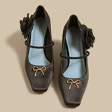KYLETHOMASW  -  Elegant Satin Flower Chunky Heel Dress Pumps Women Metal Bow Square Toe Design Mary Jane Shoe Ladies Luxury Wedding Bridal Heels