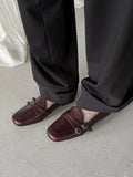 KYLETHOMASW  -  Elegant Burgundy Square Toe Loafers Women Fashion Metal Buckle Stitching Designer Shoes Comfortable Commuting Flat Office Shoes