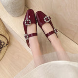 KYLETHOMASW  -  Women Patent Leather Rhinestone Buckle Mary Jane Square Toe Block Heel Dual Strap Casual Summer Office Wedding Party Pumps Shoes