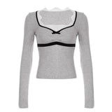 KYLETHOMASW  -  Pure Desire Girl Lace Lace Splicing Folded Chest Type Square Neck T-shirt Autumn/Winter New Cutoff Versatile Top