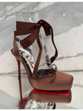 KYLETHOMASW  -  Women's New Summer Square Satin High Heel Sandals with Ankle Strap, Fashionable Party and Banquet Ballet High Heels
