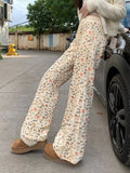 KYLETHOMASW  -  Puppy Print Casual Sweat Y2k Pants Female Autumn Winter Plus Fleece High Waisted Slim Rope Flared Straight Leg Pants